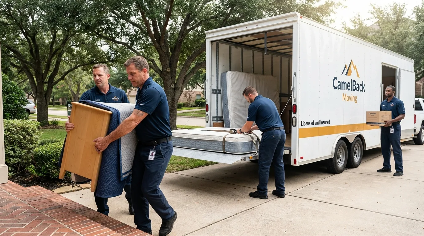 Crew loading residential truck for cross-state move from San Juan Bautista, CA