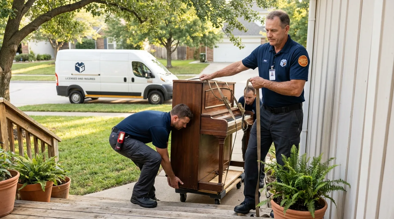 Licensed piano movers securing grand piano in San Juan Bautista, CA