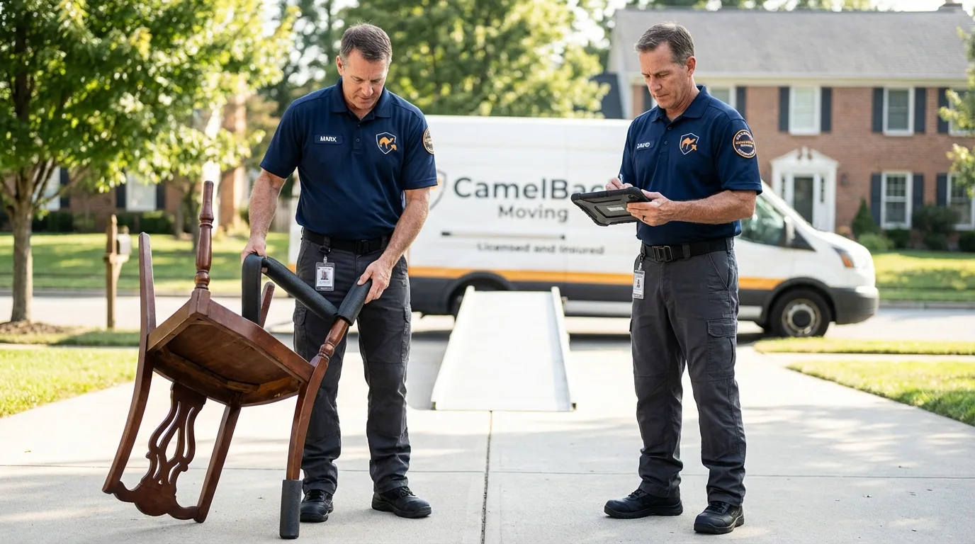 Movers inspecting furniture for damage prevention before loading in San Juan Bautista, CA