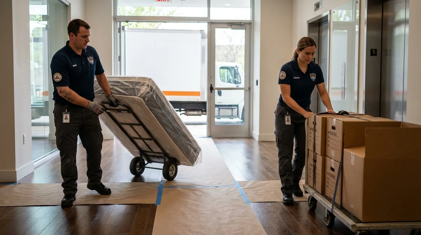 Professional apartment movers loading elevator in San Juan Bautista, CA