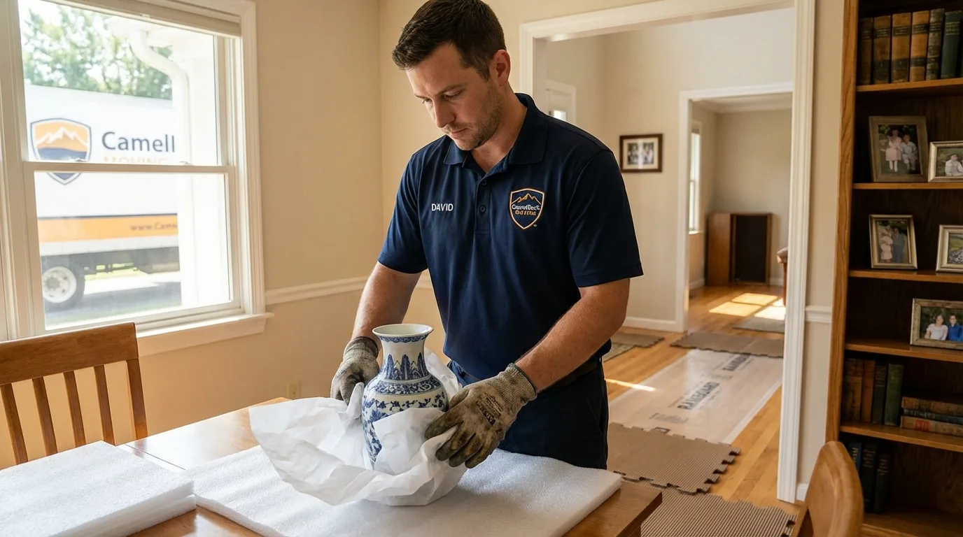 Professional crew carefully wrapping antique vase for senior downsizing move in San Juan Bautista, CA